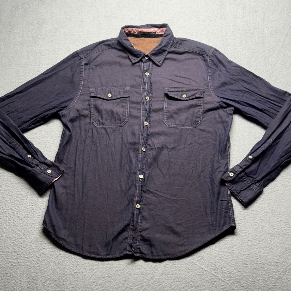21 Men Shirt Large Navy Blue Fitted Cotton Long Sleeve Button Down Pocket Mens